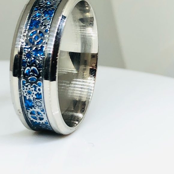 Stainless Steel Ring with Faux Opal Band And Gears - Picture 4 of 8
